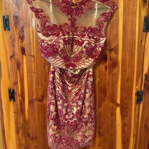Sherri Hill Two Piece Bedazzled Burgundy and Gold Dress